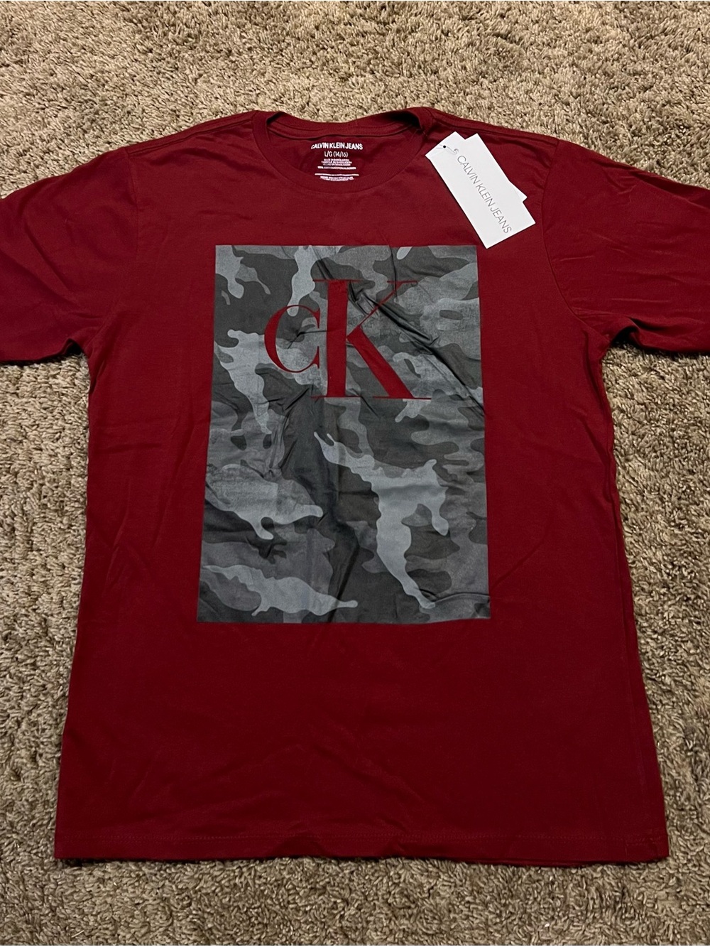 Calvin Klein Jeans Kids Burgundy Tee with Gray Camo CK Graphic
